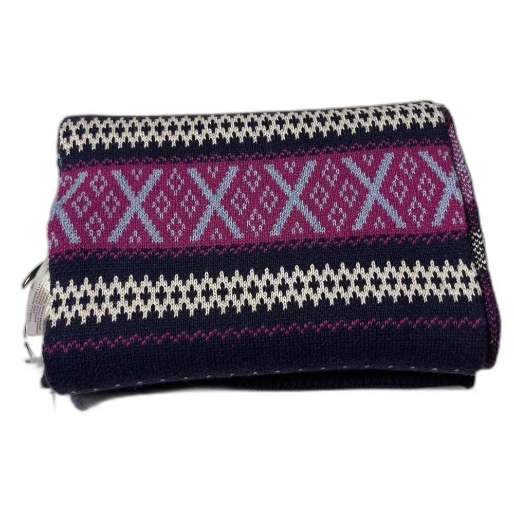 Talbots Fair Isle Knit‎ Scarf Navy Blue Magenta Cotton Cashmere Blend NWT